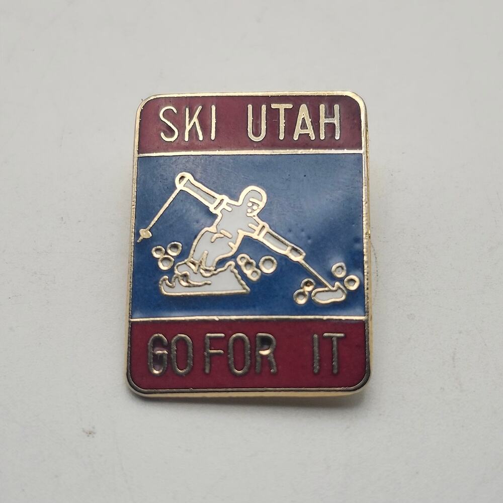 Vintage Ski Utah Go For It Enamel Lapel Pin Downhill Souvenir Travel Badge USA